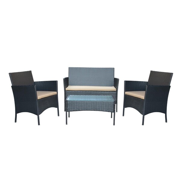 Propation 2 in. Aoife Steel Black Resin Wicker Patio Conversation Set with Tan Cushion - 4 Piece - PR3560981