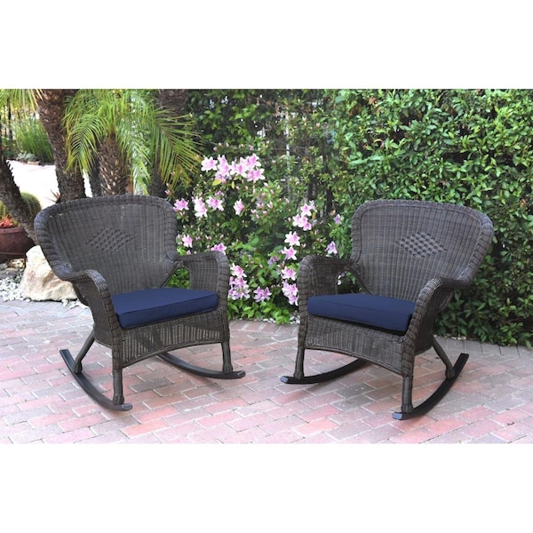 Propation W00215-R-2-FS011 Windsor Espresso Resin Wicker Rocker Chair with Blue Cushion, 2PK - PR1081504
