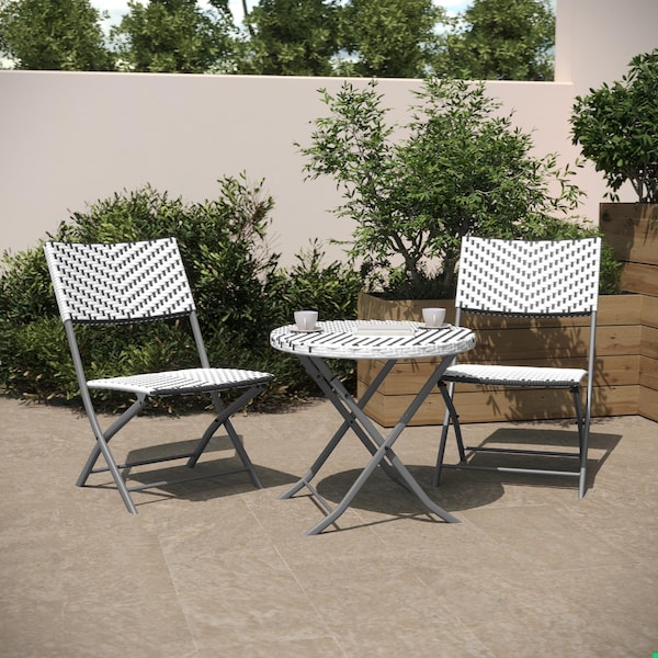 Flash Furniture Rouen 3-Pc Foldable French Bistro Set, PE Rattan Back, Seat and Table Top, Gray/White w/Steel Frame - FV-FWA085-GRYWHT-GRY-GG