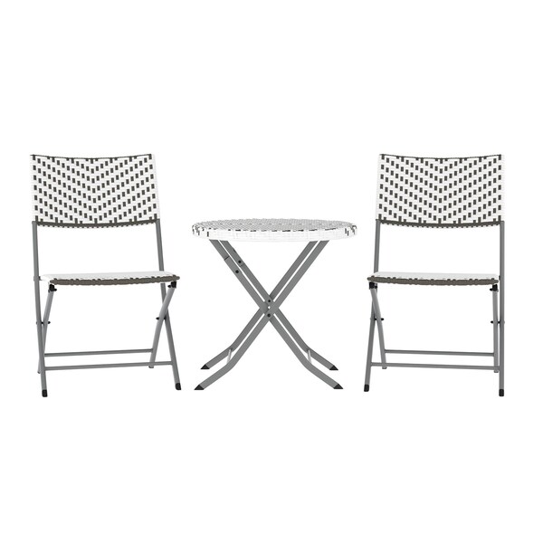 Flash Furniture Rouen 3-Pc Foldable French Bistro Set, PE Rattan Back, Seat and Table Top, Gray/White w/Steel Frame - FV-FWA085-GRYWHT-GRY-GG