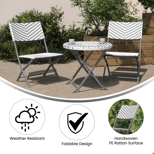 Flash Furniture Rouen 3-Pc Foldable French Bistro Set, PE Rattan Back, Seat and Table Top, Gray/White w/Steel Frame - FV-FWA085-GRYWHT-GRY-GG