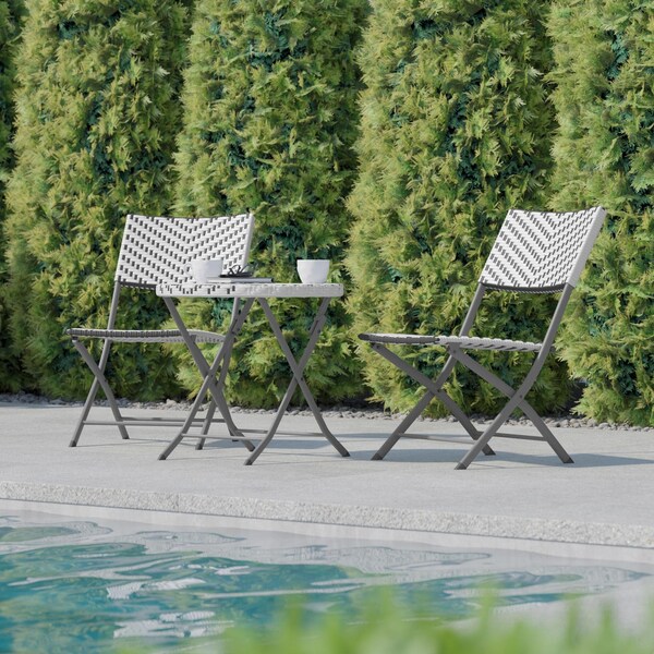 Flash Furniture Rouen 3-Pc Foldable French Bistro Set, PE Rattan Back, Seat and Table Top, Gray/White w/Steel Frame - FV-FWA085-GRYWHT-GRY-GG