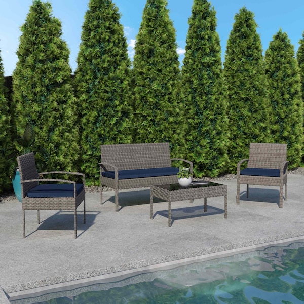 Flash Furniture 4 Piece Gray Patio Set with Navy Cushions - JJ-S312-GYNV-GG