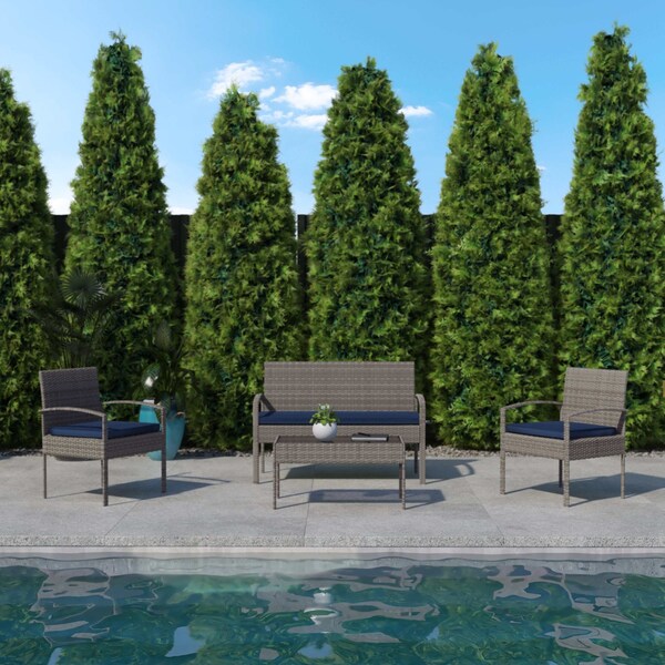 Flash Furniture 4 Piece Gray Patio Set with Navy Cushions - JJ-S312-GYNV-GG