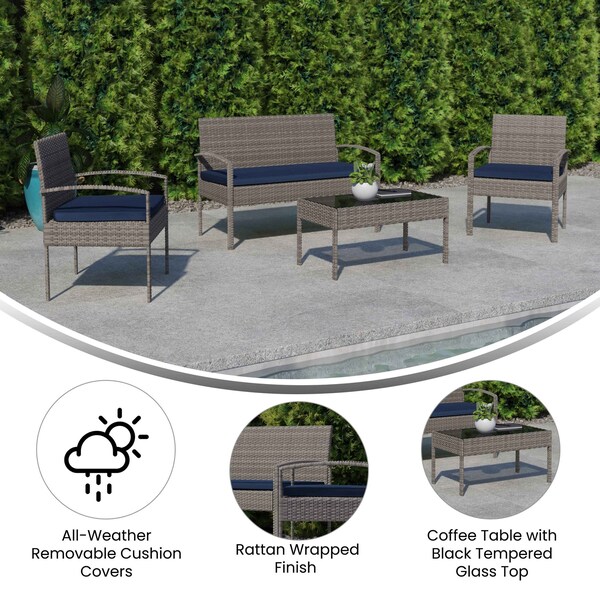 Flash Furniture 4 Piece Gray Patio Set with Navy Cushions - JJ-S312-GYNV-GG