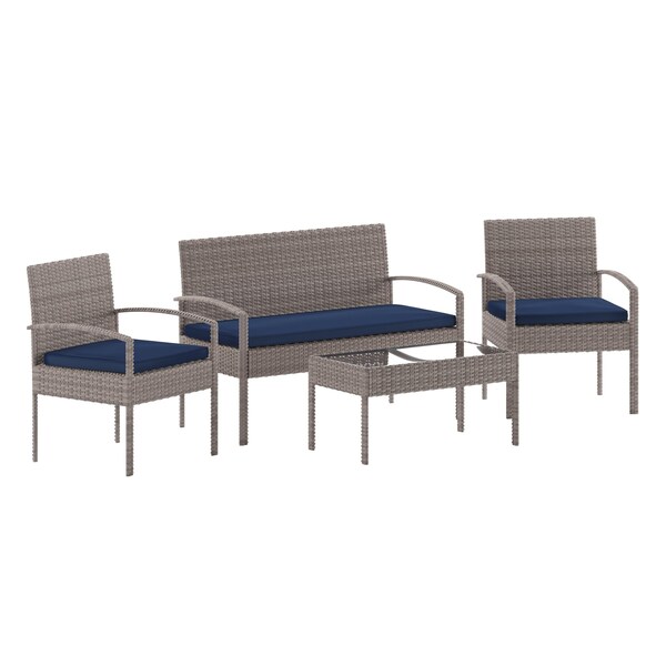 Flash Furniture 4 Piece Gray Patio Set with Navy Cushions - JJ-S312-GYNV-GG