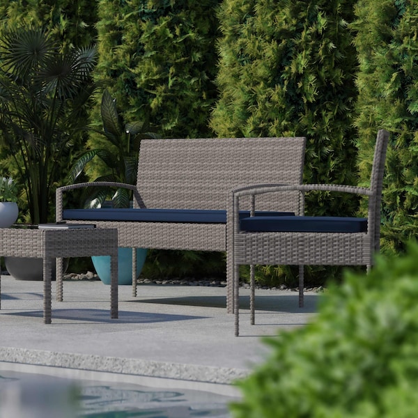 Flash Furniture 4 Piece Gray Patio Set with Navy Cushions - JJ-S312-GYNV-GG