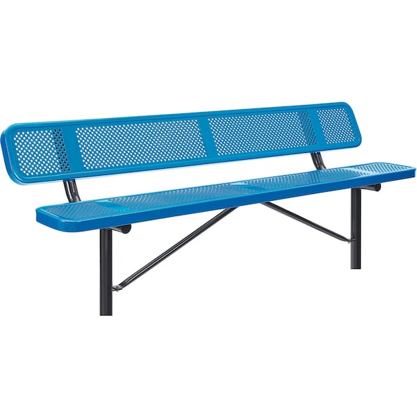 Global Industrial 8ft Outdoor Steel Bench w/ Backrest, Perforated Metal, In Ground Mount, Blue - 262077IBL
