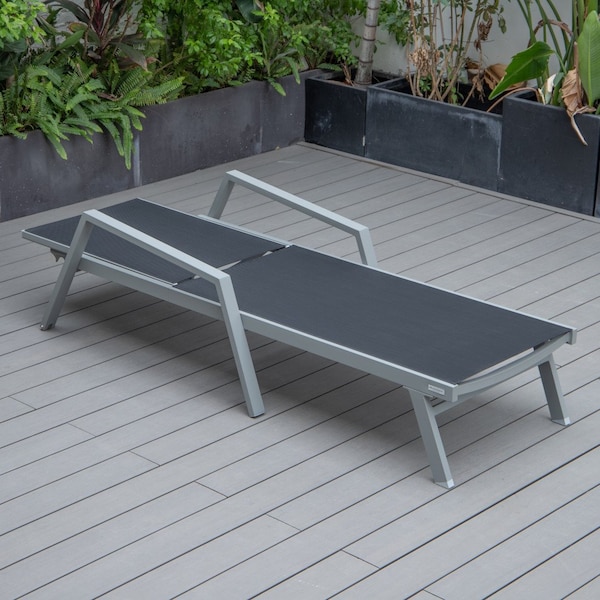 Leisuremod Marlin Patio Chaise Lounge Chair with Armrests in Grey Aluminum Frame, Black - MLAGR-77BL