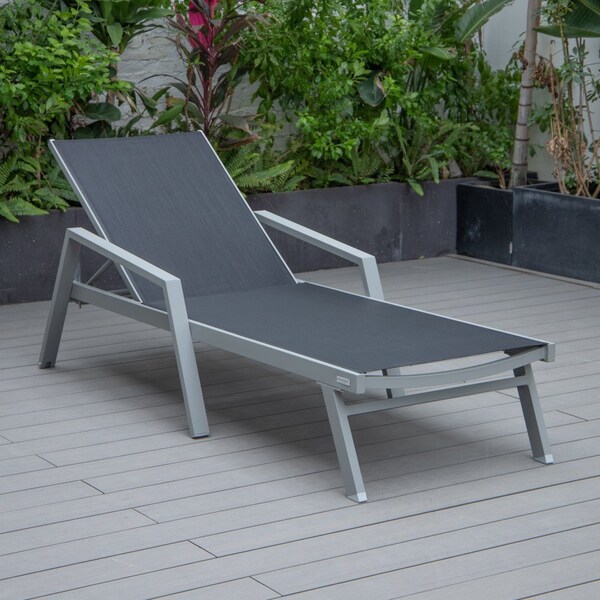 Leisuremod Marlin Patio Chaise Lounge Chair with Armrests in Grey Aluminum Frame, Black - MLAGR-77BL