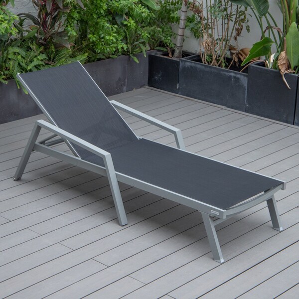 Leisuremod Marlin Patio Chaise Lounge Chair with Armrests in Grey Aluminum Frame, Black - MLAGR-77BL