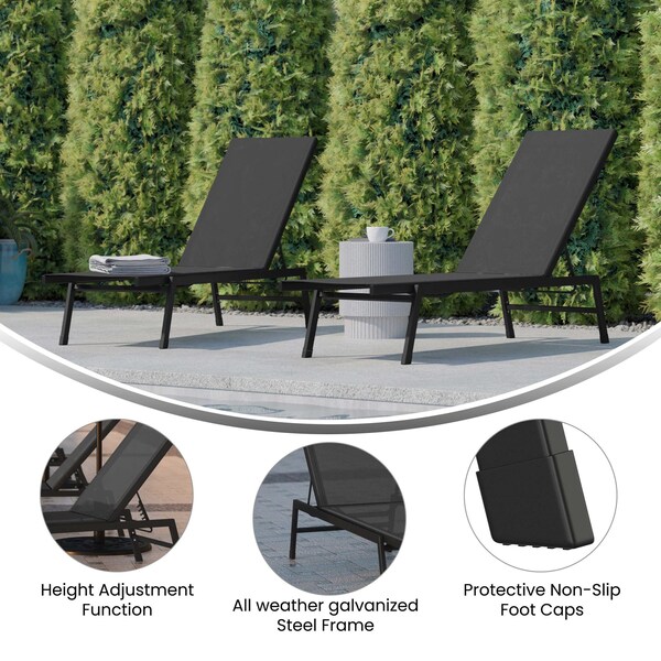Flash Furniture Black/Black Adjustable Chaise Lounge, 2PK - 2-JJ-LC326-BLK-BLK-GG