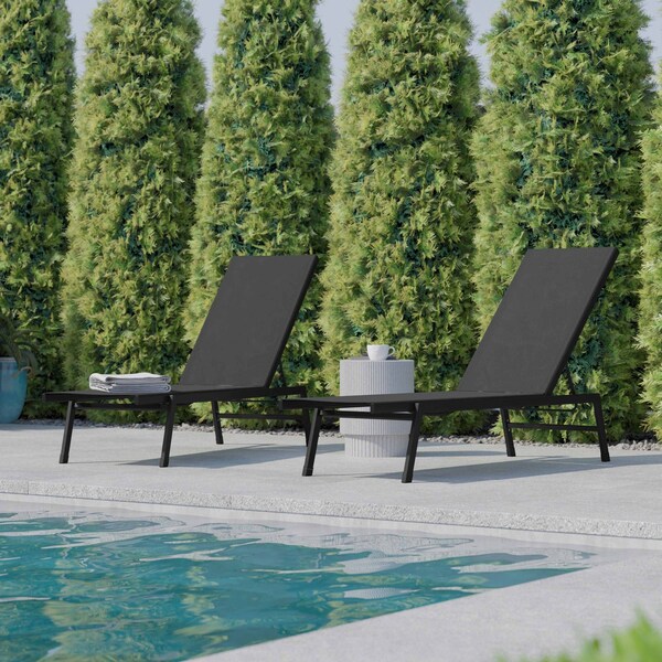Flash Furniture Black/Black Adjustable Chaise Lounge, 2PK - 2-JJ-LC326-BLK-BLK-GG