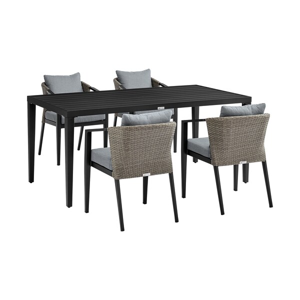 Armen Living Aileen Outdoor Patio 5-Piece Dining Table Set in Aluminum and Wicker with Gray Cushions - 840254333345