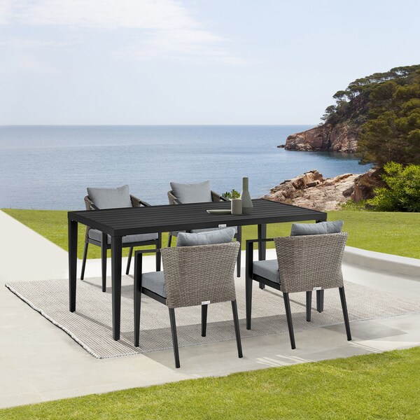 Armen Living Aileen Outdoor Patio 5-Piece Dining Table Set in Aluminum and Wicker with Gray Cushions - 840254333345