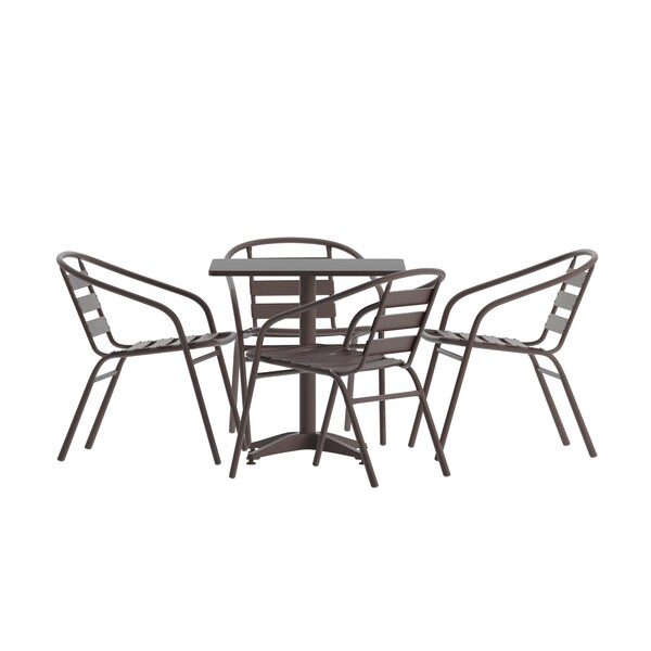Flash Furniture Lila 27.5in Bronze Square Aluminum Indoor-Outdoor Table Set with 4 Bronze Slat Back Chairs - TLH-ALUM-28SQ-017BZ4-GG