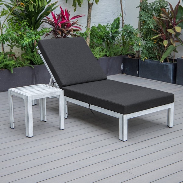 Leisuremod Chelsea Modern Outdoor Weathered Grey Chaise Lounge Chair With Side Table & Black Cushions - CLTWGR-77BL