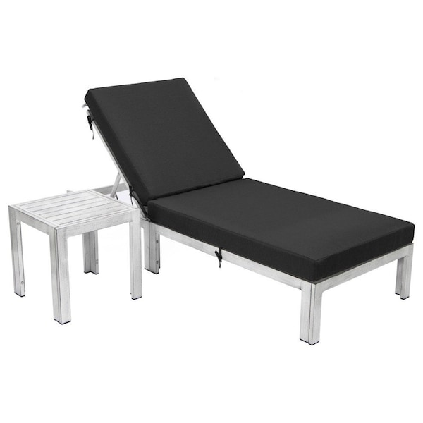 Leisuremod Chelsea Modern Outdoor Weathered Grey Chaise Lounge Chair With Side Table & Black Cushions - CLTWGR-77BL