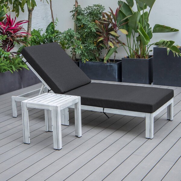 Leisuremod Chelsea Modern Outdoor Weathered Grey Chaise Lounge Chair With Side Table & Black Cushions - CLTWGR-77BL