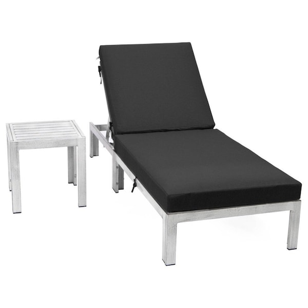 Leisuremod Chelsea Modern Outdoor Weathered Grey Chaise Lounge Chair With Side Table & Black Cushions - CLTWGR-77BL