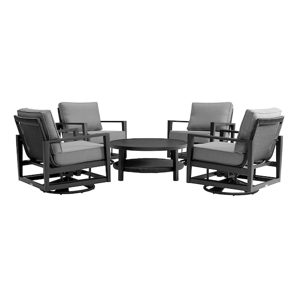 Armen Living Grand 5 Piece Black Aluminum Outdoor Seating Set with Dark Gray Cushions - 840254332775