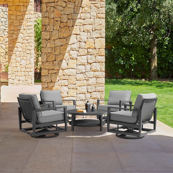 Armen Living Grand 5 Piece Black Aluminum Outdoor Seating Set with Dark Gray Cushions - 840254332775