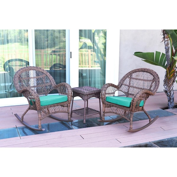 Jeco W00210-2-RCES032 Santa Maria Honey Rocker Wicker Chair Set, Turquoise Cushions - 3 Piece - W00210_2-RCES032