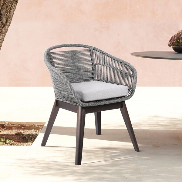 Armen Living Tutti Frutti Indoor Outdoor Dining Chair in Dark Eucalyptus Wood with Gray Rope and Gray Cushion - LCTFSIGRY