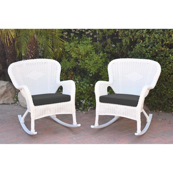 Jeco W00213-R-2-FS017 Windsor White Resin Wicker Rocker Chair with Black Cushion, 2PK - W00213-R_2-FS017