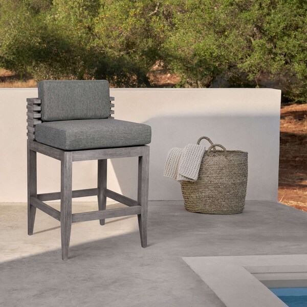 Armen Living Vivid Outdoor Patio Bar Stool in Gray Eucalyptus Wood with Gray Olefin Cushions - LCVIBAEUCGRY30