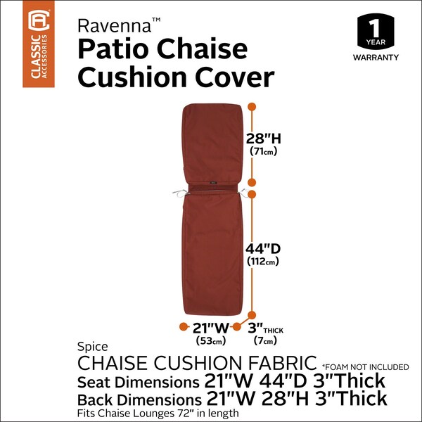 Classic Accessories Ravenna Water-Resistant Patio Chaise Lounge Cushion Cover, Spice - 60-414-011701-RT