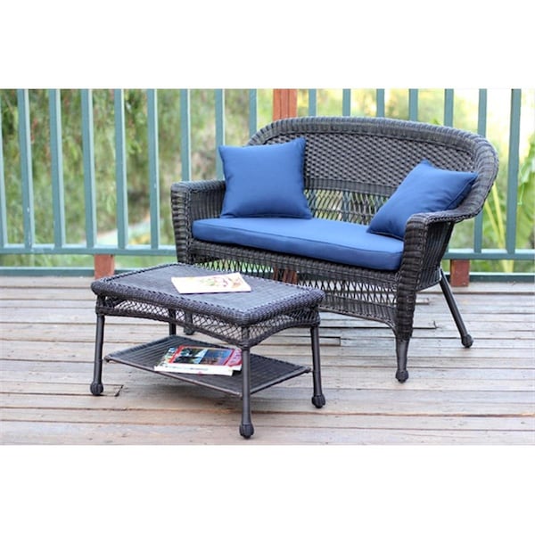 Propation Espresso Wicker Patio Love Seat And Coffee Table Set With Blue Cushion - PR782299