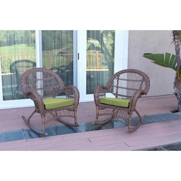 Jeco W00210-R-2-FS029 Santa Maria Honey Wicker Rocker Chair with Green Cushion, 2PK - W00210-R_2-FS029