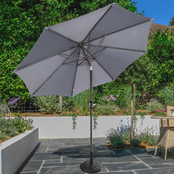 Villacera 9-Foot Outdoor Patio Umbrella with Base, Gray - 83-OUT5446B