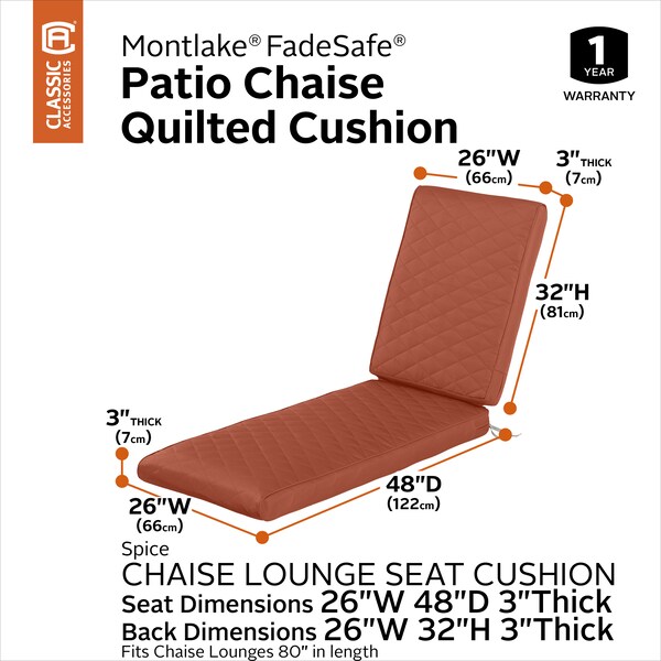 Classic Accessories FadeSafe 80x26x3" Rectangle Patio Quilted Chaise Lounge Cushion, Spice - 62-029-QSPICE-EC