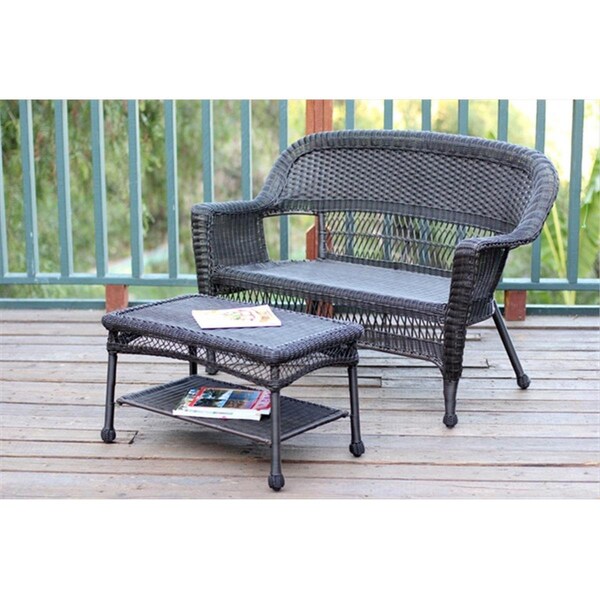 Jeco Espresso Wicker Patio Love Seat And Coffee Table Set Without Cushion - W00201-LCS