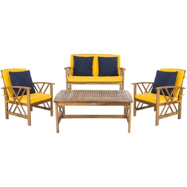 Safavieh 4 Piece Fontana Outdoor Set, Teak Brown and Yellow - PAT7008D