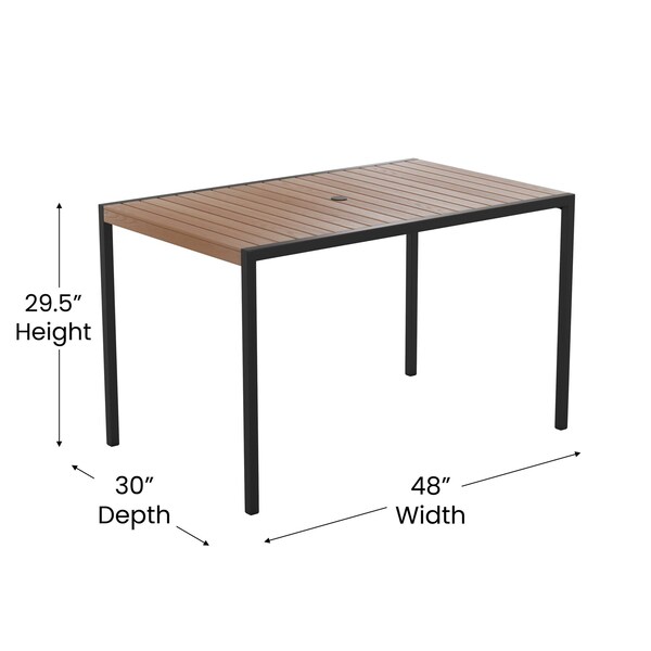 Flash Furniture Faux Teak 30x48 Table-Red Umbrella-Base-4 Chairs - XU-DG-304860364-UB19BRD-GG