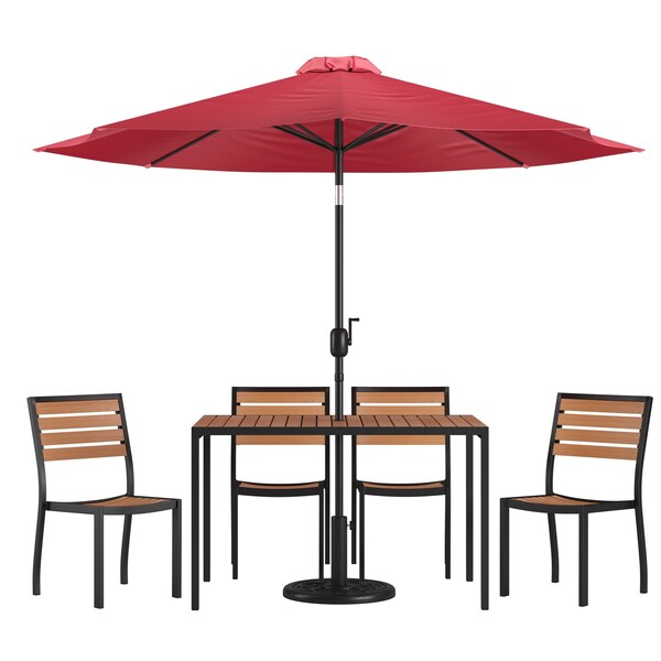 Flash Furniture Faux Teak 30x48 Table-Red Umbrella-Base-4 Chairs - XU-DG-304860364-UB19BRD-GG