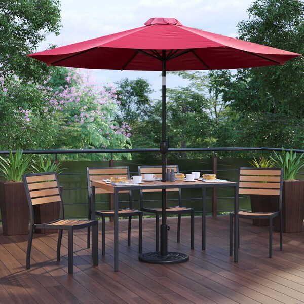 Flash Furniture Faux Teak 30x48 Table-Red Umbrella-Base-4 Chairs - XU-DG-304860364-UB19BRD-GG