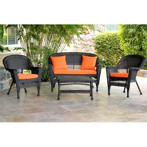 Jeco 4 Piece Espresso Wicker Conversation Set - Brick Orange Cushions - W00201-G-FS016