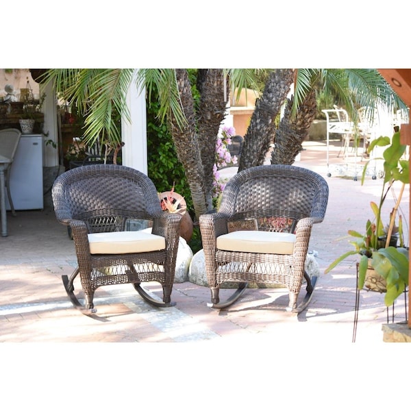 Jeco W00201R-A-2-FS001 Espresso Rocker Wicker Chair with Ivory Cushion - W00201R-A_2-FS001