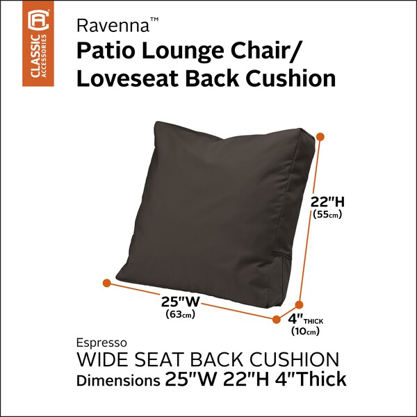 Classic Accessories Patio Lounge Chair/Loveseat Back Cushion, 25 x 22 x 4 Inch, Espresso - 62-064-ESPRES-EC
