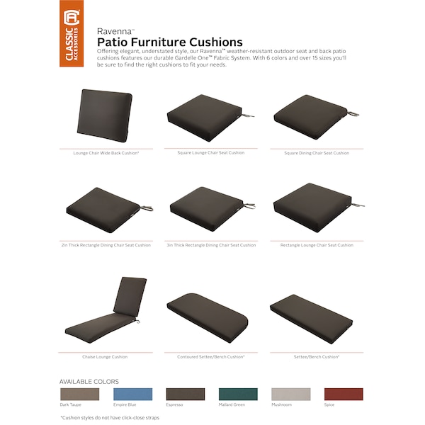 Classic Accessories Patio Lounge Chair/Loveseat Back Cushion, 25 x 22 x 4 Inch, Espresso - 62-064-ESPRES-EC