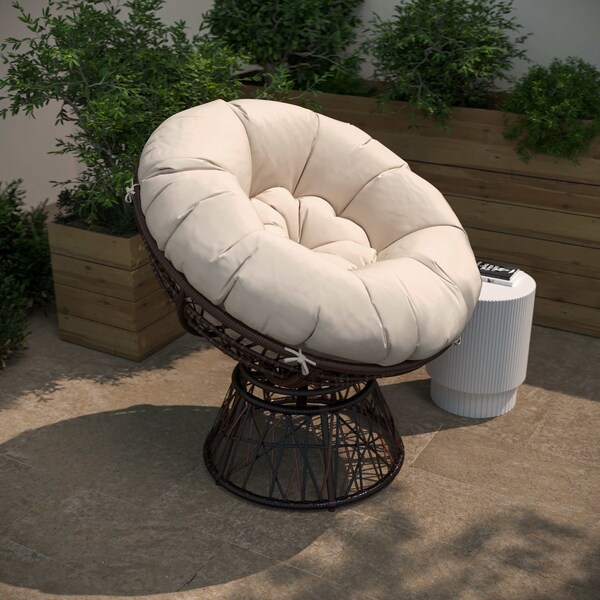 Flash Furniture Bowie Comfort Series Brown Swivel Patio Chair with Beige Cushion - JE-5101W-BG-GG