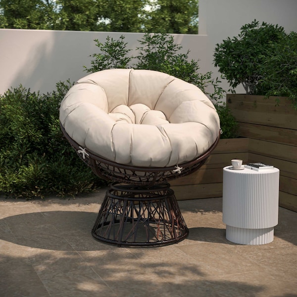 Flash Furniture Bowie Comfort Series Brown Swivel Patio Chair with Beige Cushion - JE-5101W-BG-GG