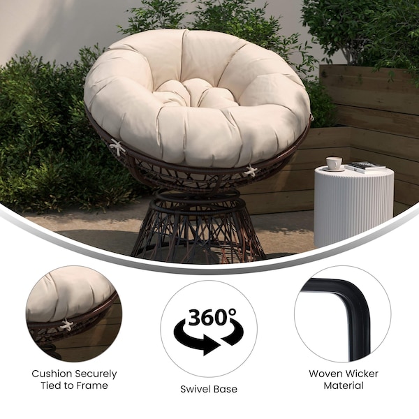 Flash Furniture Bowie Comfort Series Brown Swivel Patio Chair with Beige Cushion - JE-5101W-BG-GG