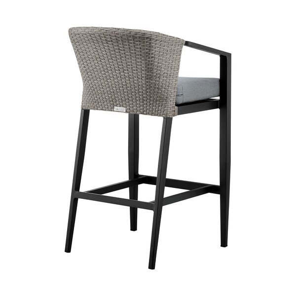 Armen Living Aileen Outdoor Patio Counter Height Bar Stool in Aluminum and Wicker with Gray Cushions - 840254333185
