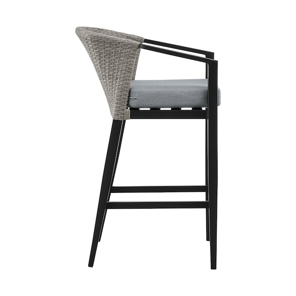Armen Living Aileen Outdoor Patio Counter Height Bar Stool in Aluminum and Wicker with Gray Cushions - 840254333185