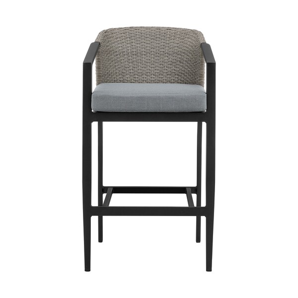 Armen Living Aileen Outdoor Patio Counter Height Bar Stool in Aluminum and Wicker with Gray Cushions - 840254333185